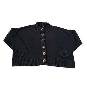 Quince Oversized Cardigan Dark Blue/Black Mock Neck Button Minimalist SSweater